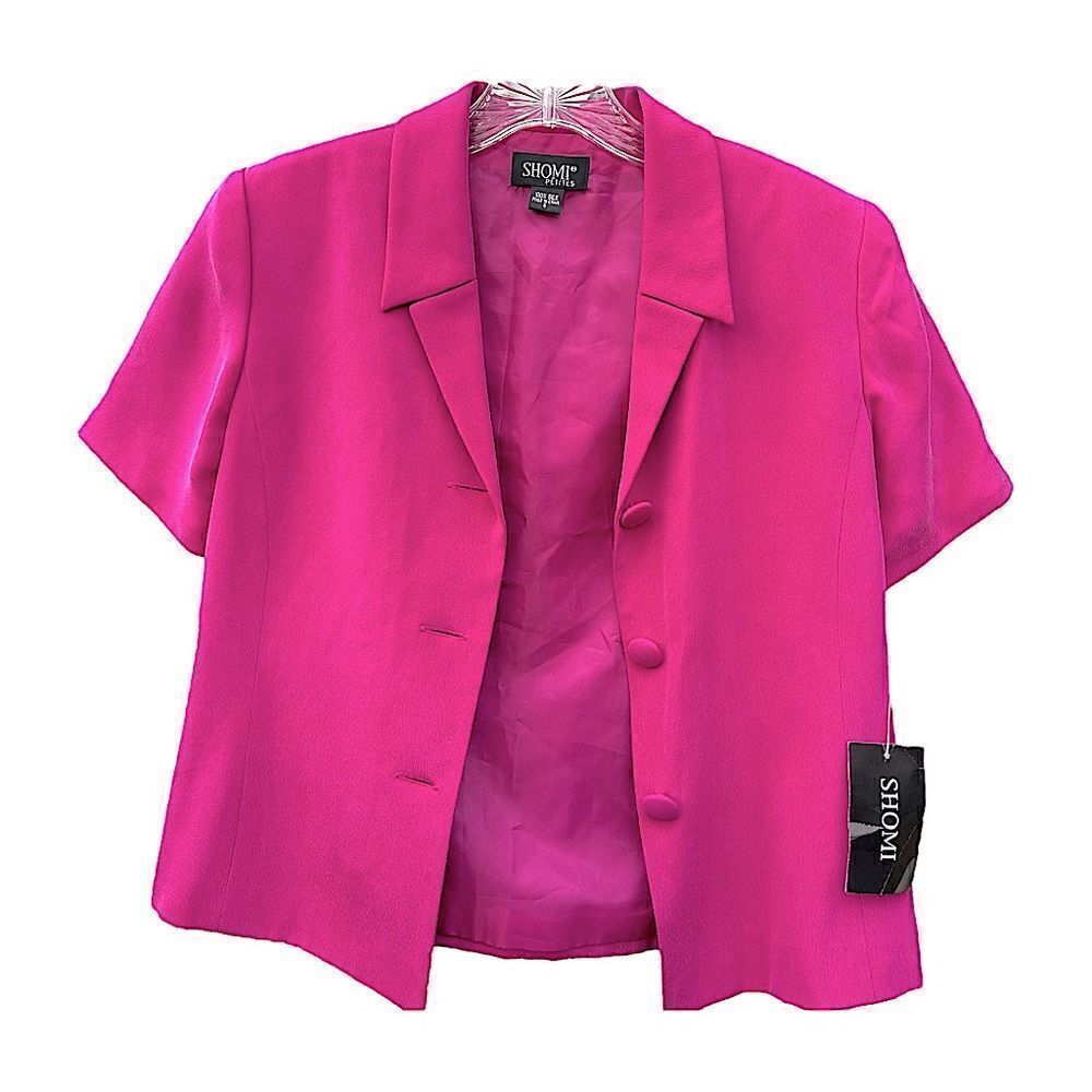 New Shomi Satin Silk Pink Blazer Button Down Short Sleeve Collar Business Casual